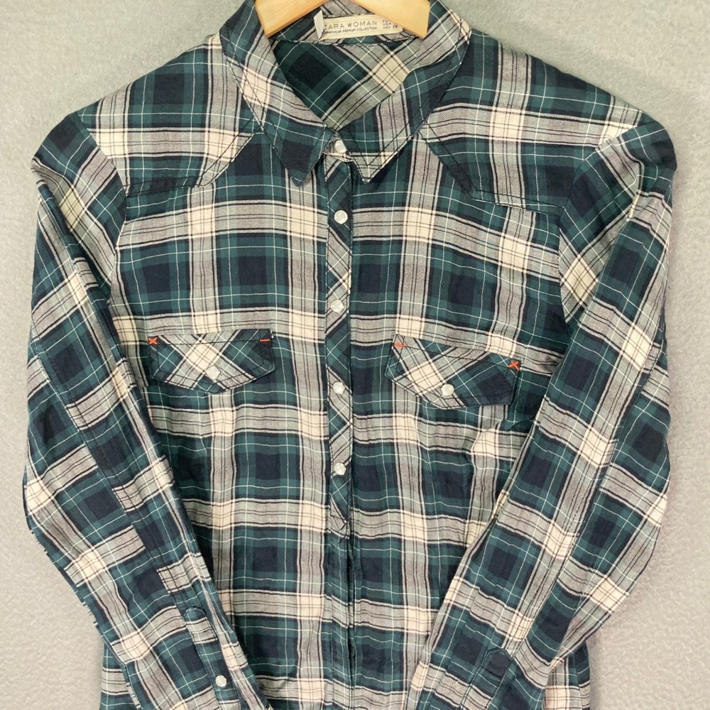 Zara Womens Plaid Button Down Shirt Green White Long Sleeve‎ Size S